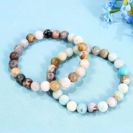 Bratara elastica cu margele pietre semipretioase de 8 mm din frunza agata de bambus si amazonit [4]