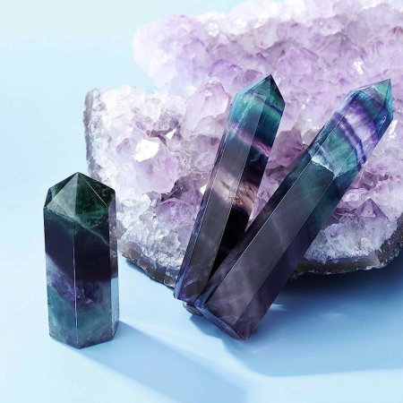 Set 2 turnuri din cristale semipretiose vindecatore hexagonale Fluorit curcubeu - Obelisc cu inaltimea de 5 cm [3]