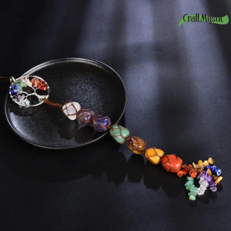 Ornament de agatat tematica pietre chakra - Contine arborele vietii lucrat manual cu pietre semipretioase si cristale vindecatoare a celor 7 chakre [6]
