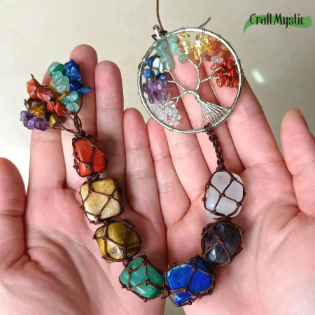 Ornament de agatat tematica pietre chakra - Contine arborele vietii lucrat manual cu pietre semipretioase si cristale vindecatoare a celor 7 chakre [2]