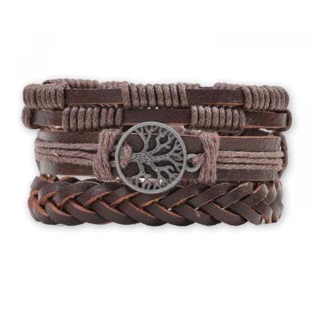 Set 3 Brățări Inedite cu Arborele Vieții si piele sintetica maro– Stil și Protecție