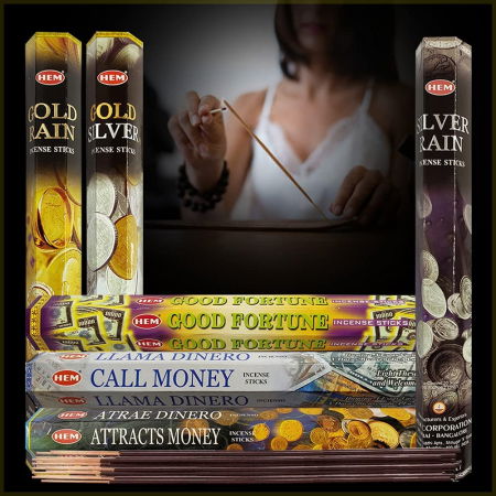 Set 6 pachete mix betisoare parfumate cu cele mai apreciate 6 parfumuri HEM cu tematica bani si noroc +  suport pentru betisoare [1]