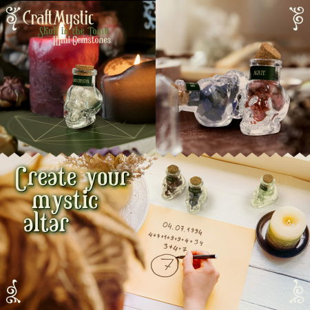 Set 14 Mini Cristale Naturale in sticlute cu forma de craniu – Un cadou perfect pentru incepatori in magie si vindecare spirituala -  Cristale si pietre chakra Wiccan [3]