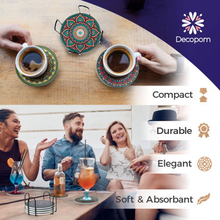 Set 8 suporturi pentru pahare tematica boho mandala si organizator, material ceramica absorbanta cu baza din pluta antiaderenta [6]