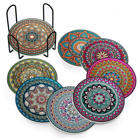 Set 8 suporturi pentru pahare tematica boho mandala si organizator, material ceramica absorbanta cu baza din pluta antiaderenta