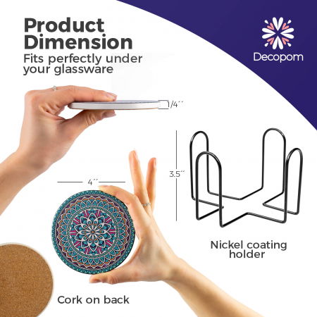 Set 8 suporturi pentru pahare tematica boho mandala si organizator, material ceramica absorbanta cu baza din pluta antiaderenta [3]