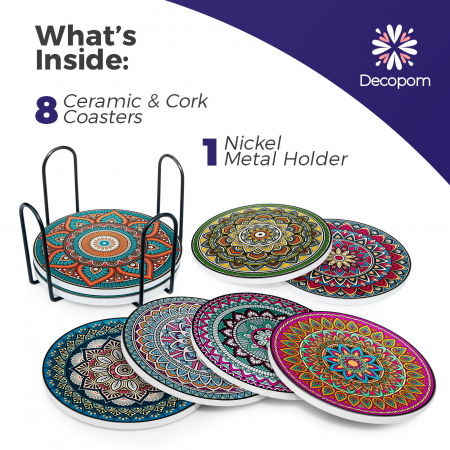 Set 8 suporturi pentru pahare tematica boho mandala si organizator, material ceramica absorbanta cu baza din pluta antiaderenta [2]
