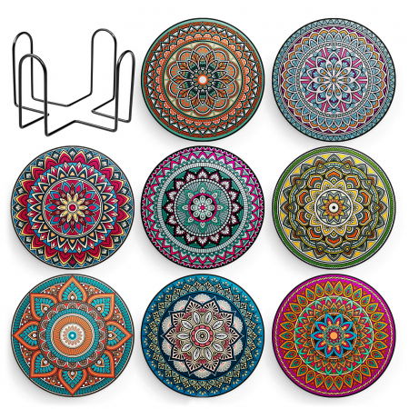 Set 8 suporturi pentru pahare tematica boho mandala si organizator, material ceramica absorbanta cu baza din pluta antiaderenta [1]