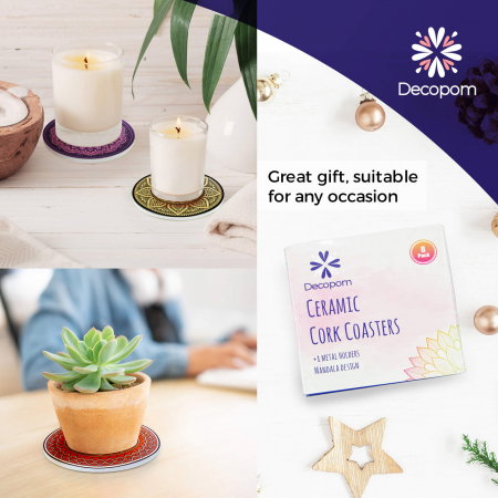 Set 8 suporturi pentru pahare tematica boho mandala deschis si organizator, material ceramica absorbanta cu baza din pluta antiaderenta - Copie [4]