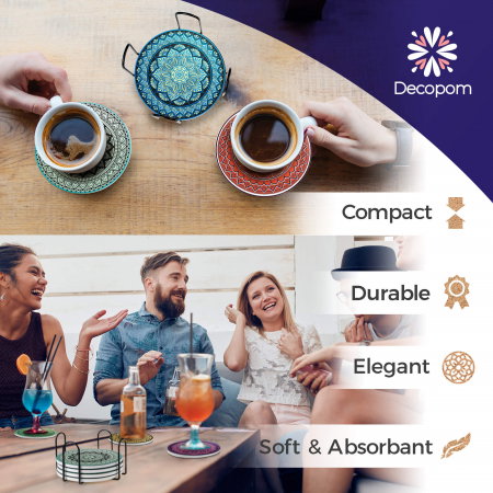 Set 8 suporturi pentru pahare tematica boho mandala deschis si organizator, material ceramica absorbanta cu baza din pluta antiaderenta - Copie [6]