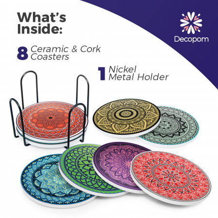 Set 8 suporturi pentru pahare tematica boho mandala deschis si organizator, material ceramica absorbanta cu baza din pluta antiaderenta - Copie [2]