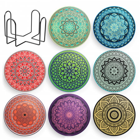 Set 8 suporturi pentru pahare tematica boho mandala deschis si organizator, material ceramica absorbanta cu baza din pluta antiaderenta - Copie [0]