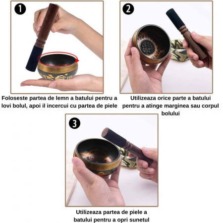 Set Bol Tibetan cantator prelucrat manual la poalele muntelui Himalaya - un percutor cu doua capete din lemn si piele, si o perna cusuta manual – ideal pentru energizare, purificare si meditatie [2]