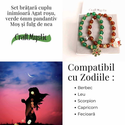 Set bratari cuplu Agat rosu, verde cu accesoriu Mos Craciun si fulg de nea - iubire si protectie [3]