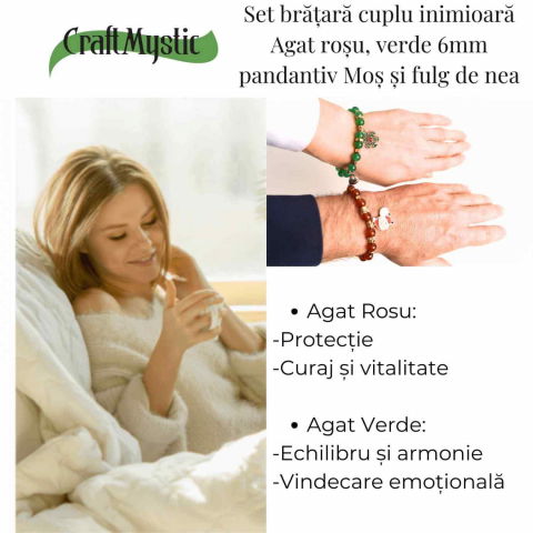 Set bratari cuplu Agat rosu, verde cu accesoriu Mos Craciun si fulg de nea - iubire si protectie [2]