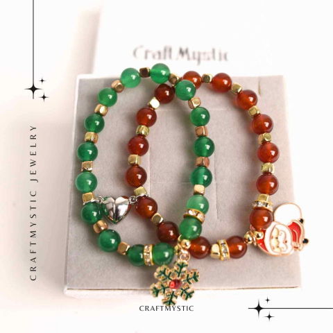 Set bratari cuplu Agat rosu, verde cu accesoriu Mos Craciun si fulg de nea - iubire si protectie [5]