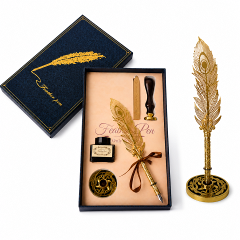 Jurnale din piele - Set Stilou Pana Aurie Metalica Vintage – Eleganta si Cadou Special pentru Caligrafie