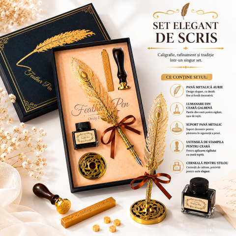 Set Stilou Pana Aurie Metalica Vintage – Eleganta si Cadou Special pentru Caligrafie [5]
