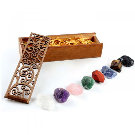 Cristale și Pietre Semiprețioase - Set 8  pietre semipretioase chakra in cutie de lemn - Cristale reiki de vindecare din piatre naturale brute pentru meditatie, echilibrarea chakrelor sau ritualuri magice