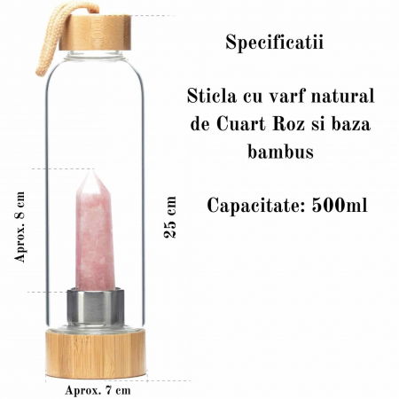 Sticla pentru apa cu varf cristal Cuart Roz si Bambus - Capacitate 500 ml si include husa de protectie neagra [1]