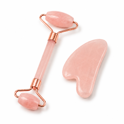 Cristale pentru zodii - Set Gua Sha si Roller din Cuart Roz Natural – Frumusete, Relaxare si Energie Pozitiva