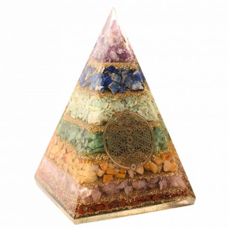 Cristale și Pietre Semiprețioase - Piramida Orgonica de 11.5 cm cu 7 Pietre Naturale pentru Cele 7 Chakre si Simbolul 'Floarea Vietii' - Protectie impotriva Radiatiilor EMF si Amplificare a Energiei Pozitive