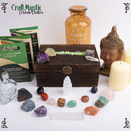 Set cristale premium si pietre semipretioase vindecatoare  in cutie de lemn - 20 piese, turn selenit,  pietre chakre, cristale brute, cluster de ametist, varf de cristal transparent, cuarț trandafir + brosura cu proprietatile cristalelor, ebook despre cristale CraftMystic, saculet negru catifea. [5]