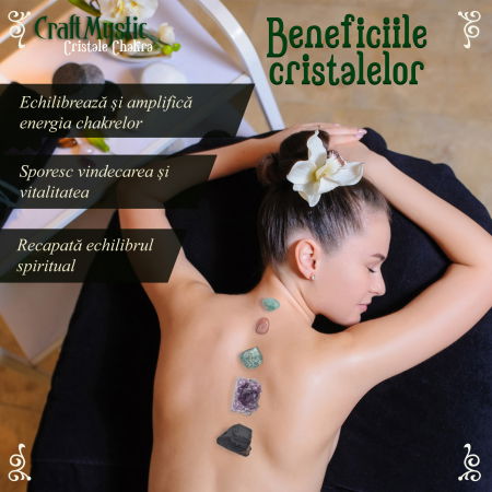 Set cristale premium si pietre semipretioase vindecatoare  in cutie de lemn - 20 piese, turn selenit,  pietre chakre, cristale brute, cluster de ametist, varf de cristal transparent, cuarț trandafir + brosura cu proprietatile cristalelor, ebook despre cristale CraftMystic, saculet negru catifea. [4]
