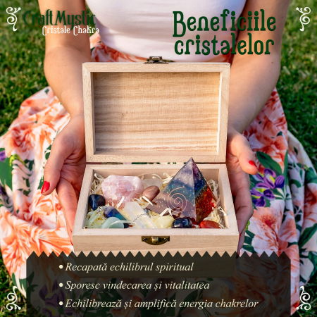 Set Cristale si Pietre Naturale Vindecatoare Chakra in cutie de lemn- 11 piese pentru meditatie, spiritualitate, echilibrarea chakrelor – Piramidă de orgon chakra , pendul chakra, cuart roz neslefuit, varf de cristal transparent, 7 pietre slefuite + Brosura cu Proprietatile Cristalelor. [5]