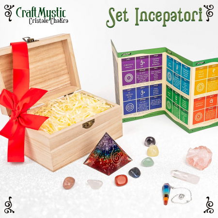 Set Cristale si Pietre Naturale Vindecatoare Chakra in cutie de lemn- 11 piese pentru meditatie, spiritualitate, echilibrarea chakrelor – Piramidă de orgon chakra , pendul chakra, cuart roz neslefuit, varf de cristal transparent, 7 pietre slefuite + Brosura cu Proprietatile Cristalelor. [4]
