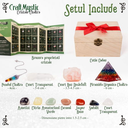 Set Cristale si Pietre Naturale Vindecatoare Chakra in cutie de lemn- 11 piese pentru meditatie, spiritualitate, echilibrarea chakrelor – Piramidă de orgon chakra , pendul chakra, cuart roz neslefuit, varf de cristal transparent, 7 pietre slefuite + Brosura cu Proprietatile Cristalelor. [2]