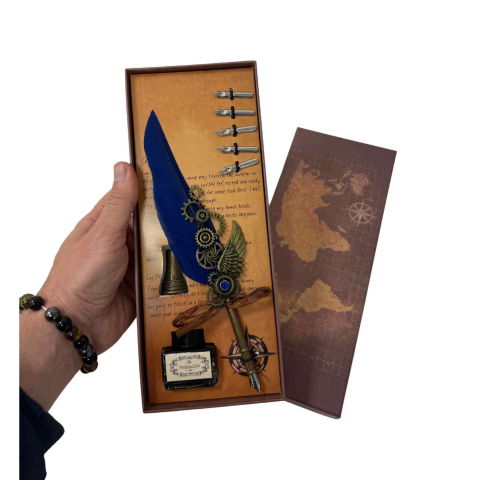 Set Stilou Pana Albastra – Cutie Cadou, 5 Penite, Cerneala si Suport [3]