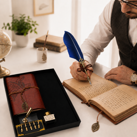 Set Stilou cu Pana Albastru si Jurnal Vintage – Inspiratie si Eleganta in Scris [3]