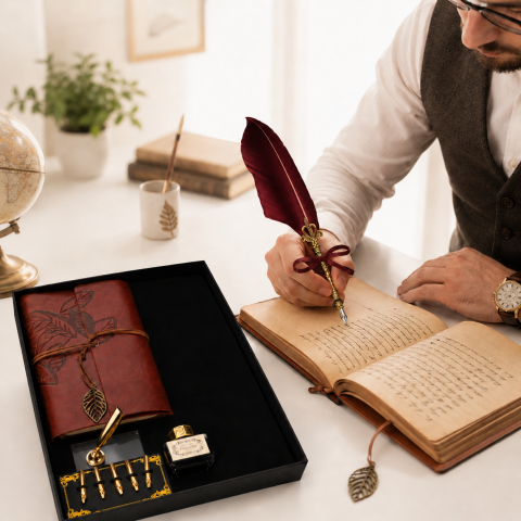 Set Stilou cu Pana Visinie si Jurnal Vintage – Eleganta Clasica pentru Scris si Cadou Special [1]