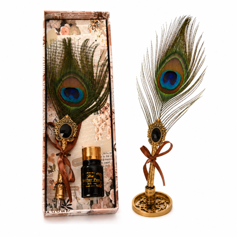 Jurnale din piele - Set Stilou cu Penita si Pana in Cutie Cadou – Eleganta Vintage si Inspiratie Creativa
