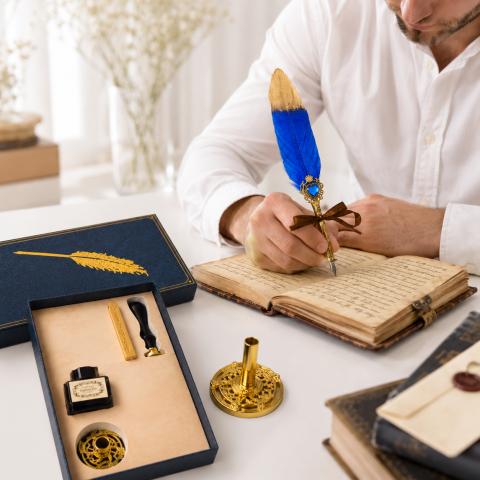 Set Stilou cu Penita si Pana Albastru-Auriu – Cadou Elegant pentru Scris Creativ [3]