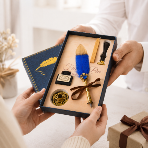 Set Stilou cu Penita si Pana Albastru-Auriu – Cadou Elegant pentru Scris Creativ [1]