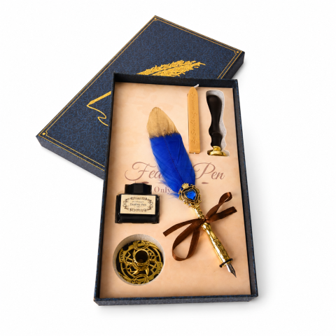 Set Stilou cu Penita si Pana Albastru-Auriu – Cadou Elegant pentru Scris Creativ [4]