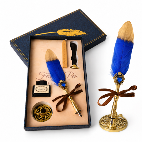 Jurnale din piele - Set Stilou cu Penita si Pana Albastru-Auriu – Cadou Elegant pentru Scris Creativ