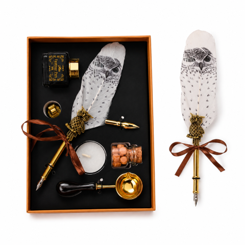 Jurnale din piele - Set Stilou Pana Alba cu Bufnita Vintage – Eleganta si Inspiratie pentru Scris Artistic
