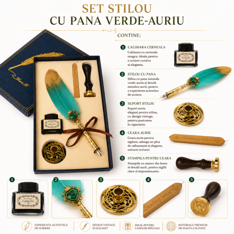 Set Stilou cu Penita si Pana Verde-Auriu, Ceara si Stampila – Cadou Elegant pentru Pasionatii de Scris [2]