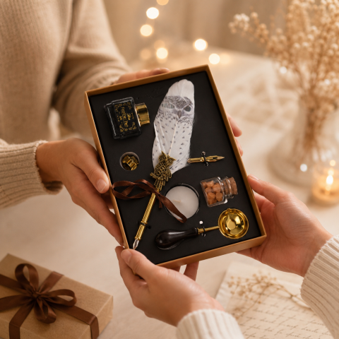 Set Stilou Pana Alba cu Bufnita Vintage – Eleganta si Inspiratie pentru Scris Artistic [1]