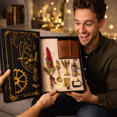 Set Stilou Pana Steampunk cu Jurnal si Sigilii | Cadou Premium [4]