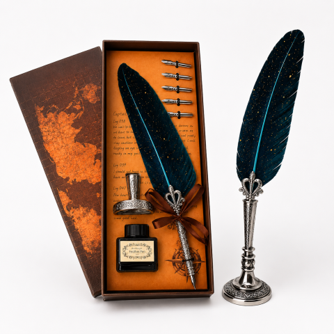 Jurnale din piele - Set Stilou cu Pana Albastra si Calimara – Eleganta Clasica pentru Scris Creativ