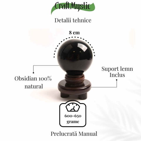 Sfera Obsidian Negru 100% Natural 80 mm cu Suport Lemn India - Protectie si Purificare Energetica [4]