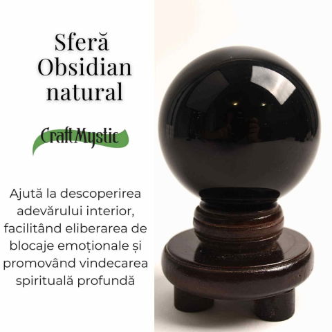 Sfera Obsidian Negru 100% Natural 80 mm cu Suport Lemn India - Protectie si Purificare Energetica [2]