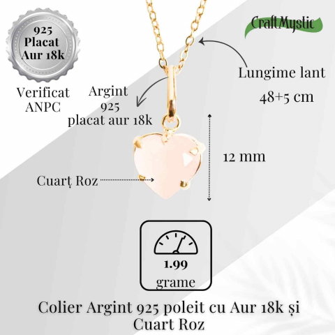 Iubire si Blandete – Colier din Argint 925 Placat cu Aur 18K cu Cuart Roz fatetat in Forma de Inima [4]