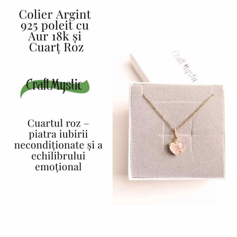 Iubire si Blandete – Colier din Argint 925 Placat cu Aur 18K cu Cuart Roz fatetat in Forma de Inima [2]