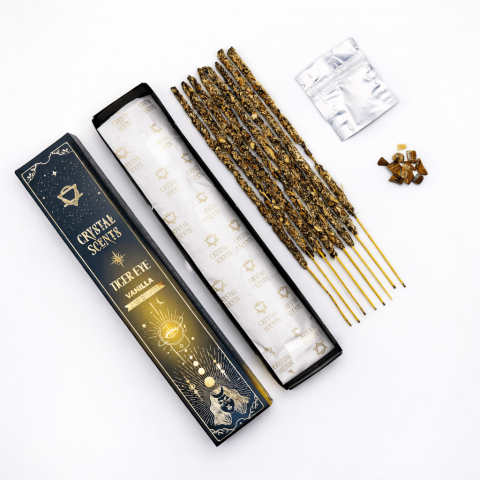 Palo Santo, Salvie și Bețișoare - Smudge Kit cu Ochi de Tigru si Betisoare Parfumate cu Aroma de Vanilie – Protectie si Curaj Interior