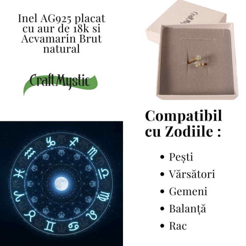 Inel din argint 925 placat cu aur de 18k cu acvamarin brut care aduce calm, claritate si o prezenta linistitoare [4]